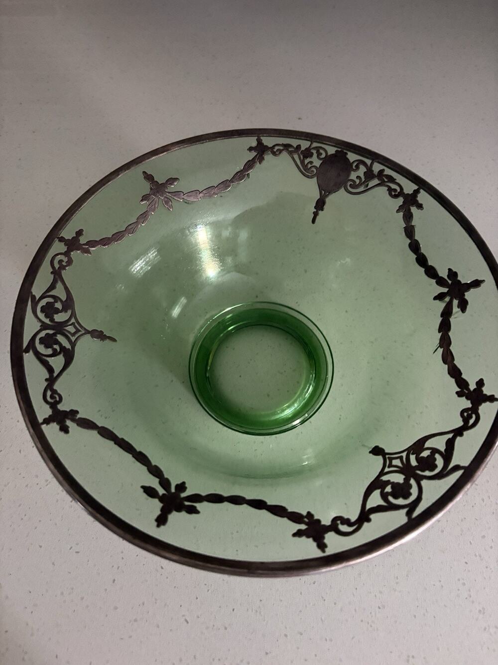 Art Deco Vintage Silver Etched Uranium Glass Bowl w/ Ornate Sterling Overlay
